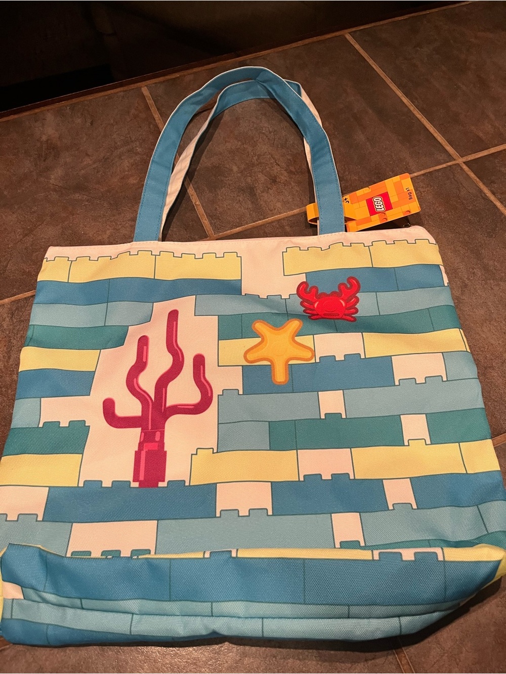 NWT -Lego Ocean themed  Tote Bag in Blue, Teal, Yellow with Red and Pink Accents